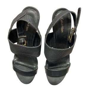 Black Print Calvin Klein double strapped Cork Wedge Heel sandal w/gold buckle